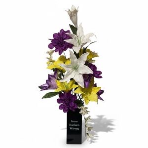 Cemetery Flowers Spring Arrangement Purple White Yellow Metal Inscribed Vase NEW